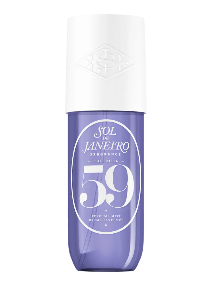 A bottle of Sol de Janeiro's Brazilian Crush Cheirosa '59 fragrance mist, featuring a light purple liquid in a clear bottle with a white cap. 